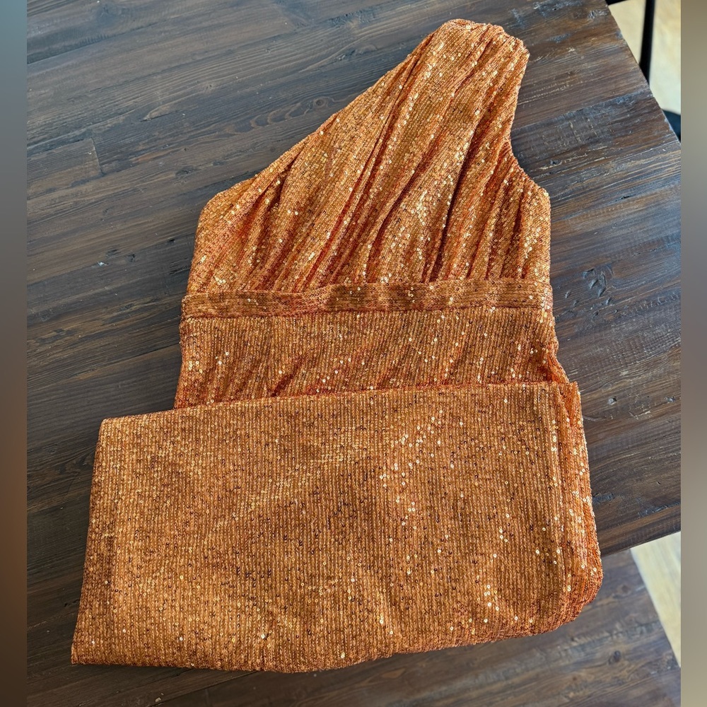 Ieena for Mac Duggal Sequined Ruched One Shoulder Gown - Orange - Picture 4 of 8